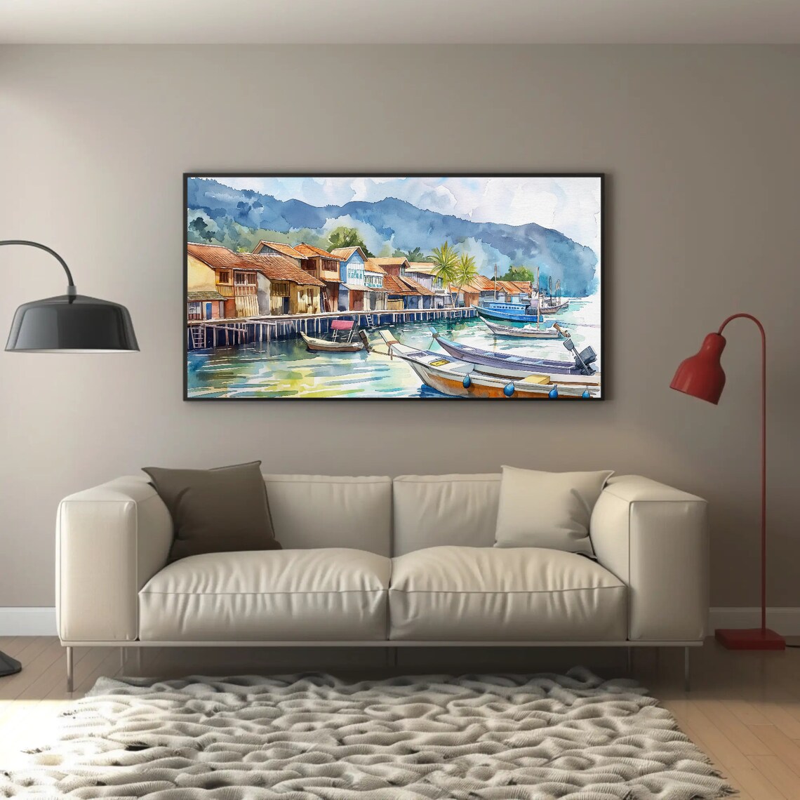 Tropical Fishing Village With Wooden Boats Watercolor Harbor Poster - Image 4
