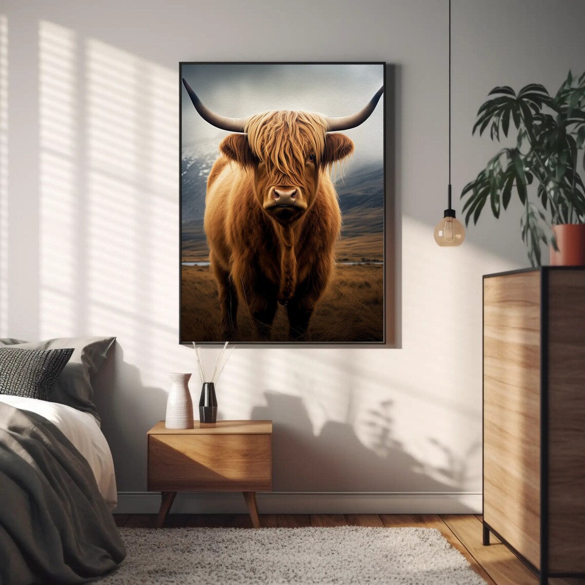 Highland Cow Vertical Art Print, Rustic Field Scene - Image 4
