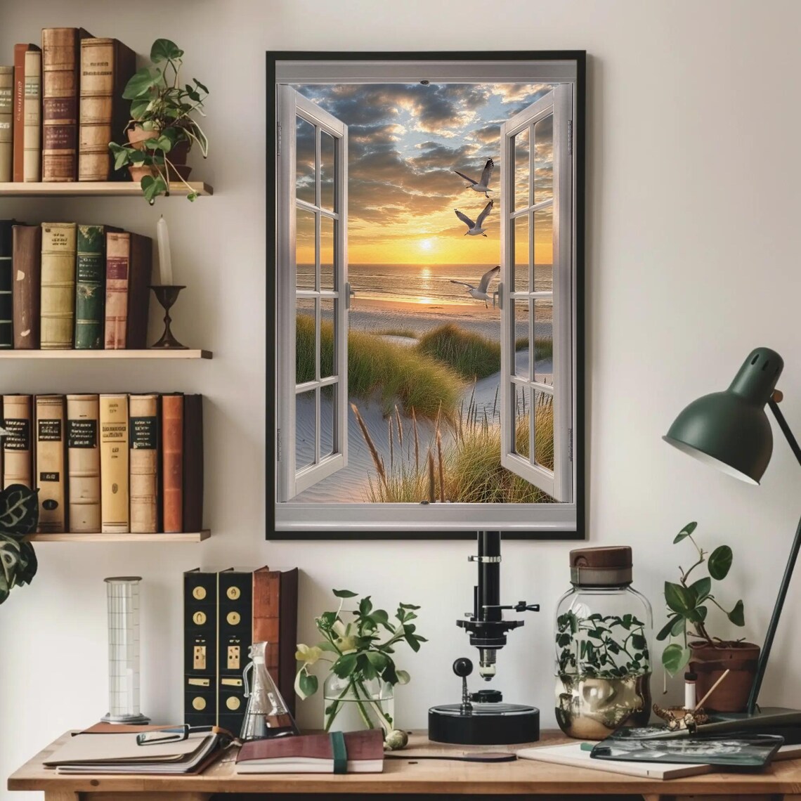 Sandy Beach With Seagulls, Faux Window Art Print - Image 3