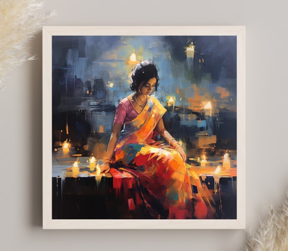 Indian Woman Sitting Beside Candles Abstract Oil Painting Indian Art Large Indian Woman Print Framed Ready To Hang