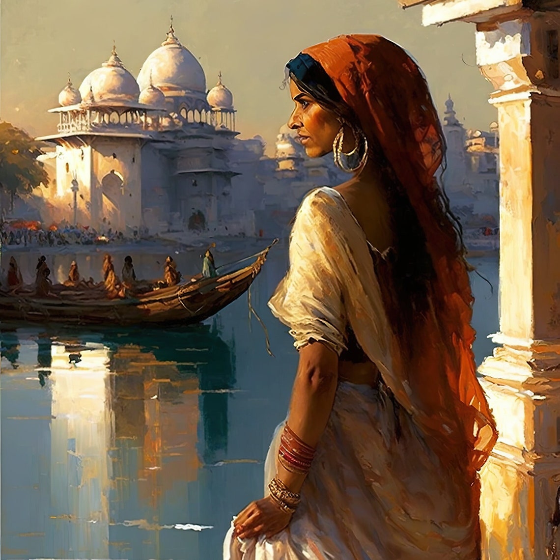 Indian Woman Gazing At River Palace Boat Scene Romantic Art Poster - Image 4