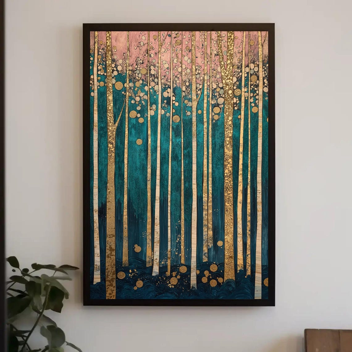 Enchanted Teal Forest With Golden Leaf Trees Woodland Poster