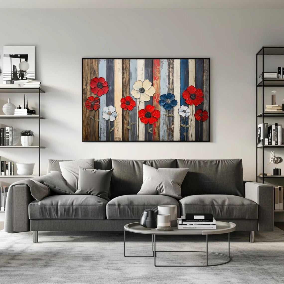 Red White And Blue Flowers On Rustic Wood Americana Art Poster - Image 2