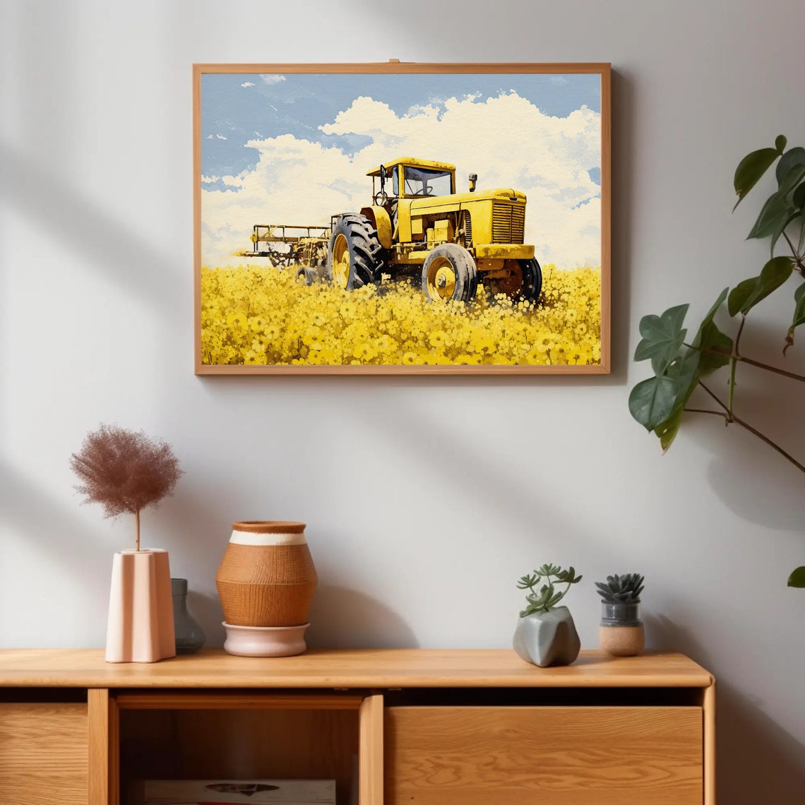 Vintage Yellow Tractor in Mustard Field Farm Painting Poster - Image 4