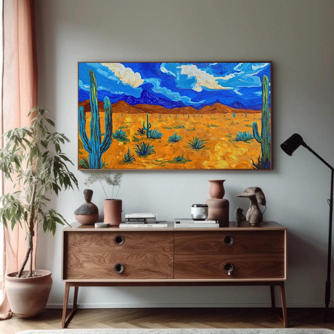Golden Desert Cactus Field Blue Mountain Impasto Landscape Poster - Image 5
