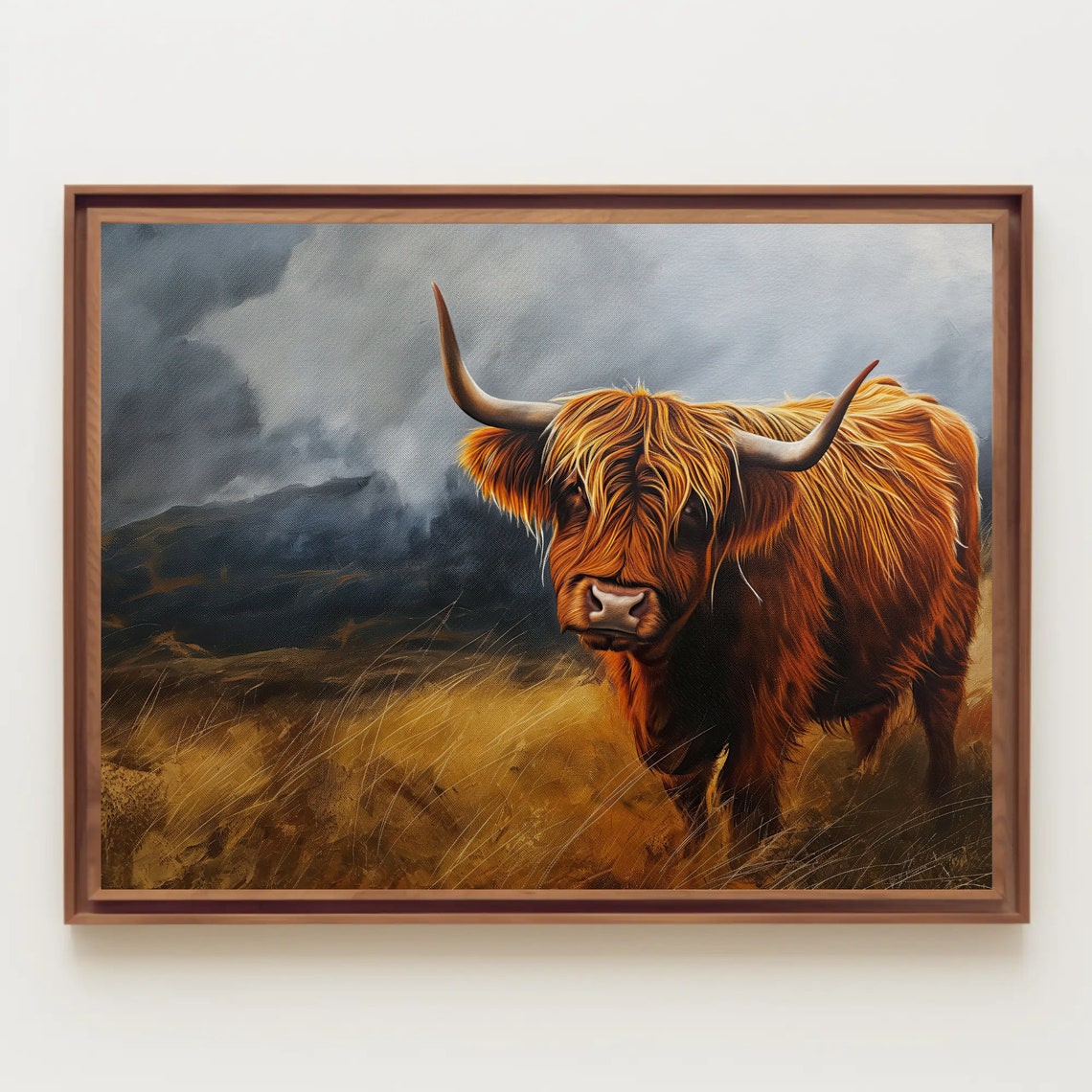 Highland Cow in Misty Field Moody Rustic Farm Painting Poster