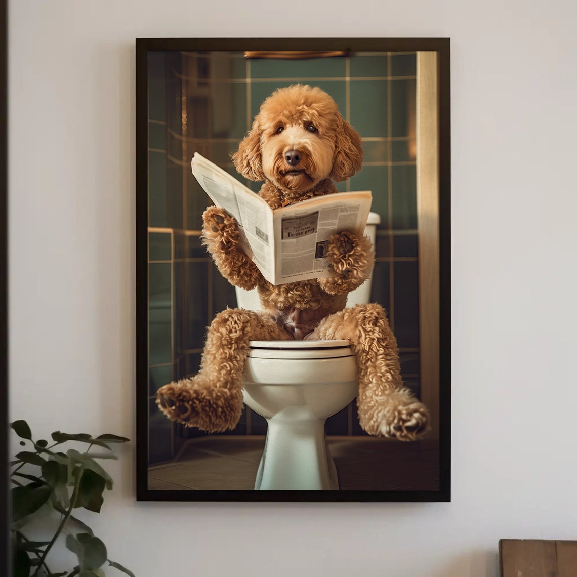 Golden Doodle Reading Newspaper on Toilet Funny Bathroom Poster - Image 5