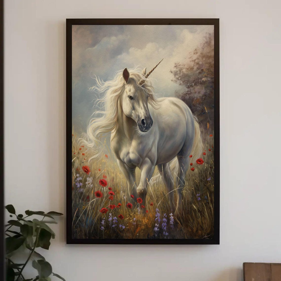 White Unicorn Walking Through Poppy Meadow Oil Painting Poster