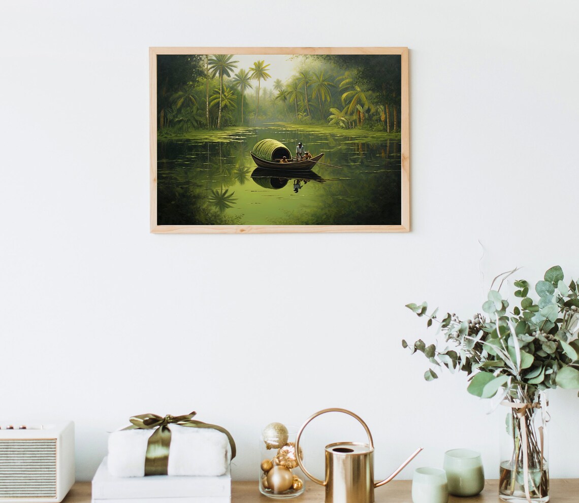 Fishing Boat In South Indian Lake Print Indian Wall Art India Oil Painting Boat In A Lake Large Print - Image 4
