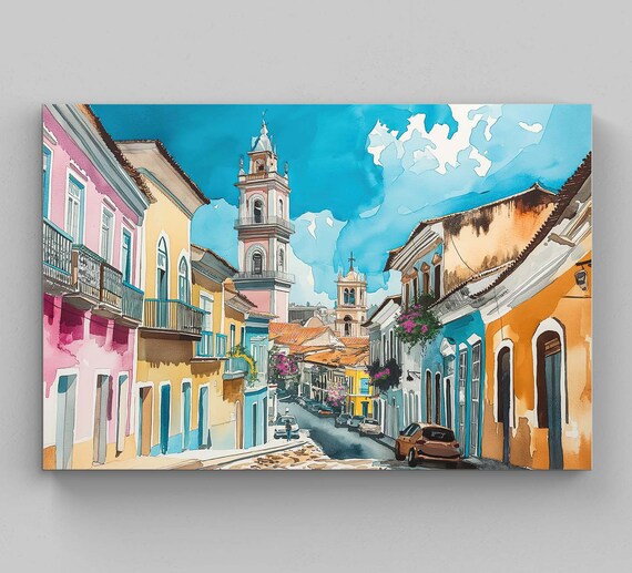 Sunny Bahia Brazil Church Towers Watercolor Street Scene Poster
