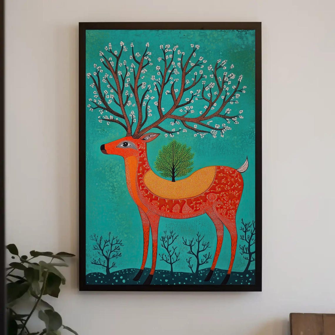 Tribal Folk Art Deer with a Blossoming Tree Growing on Its Back Poster