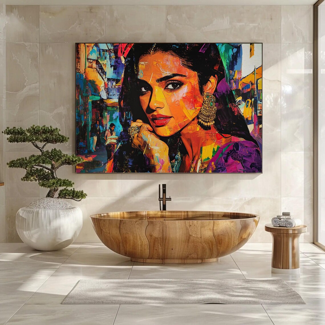 Indian Woman Graffiti Style Portrait Gold Jhumka Earrings Poster - Image 3