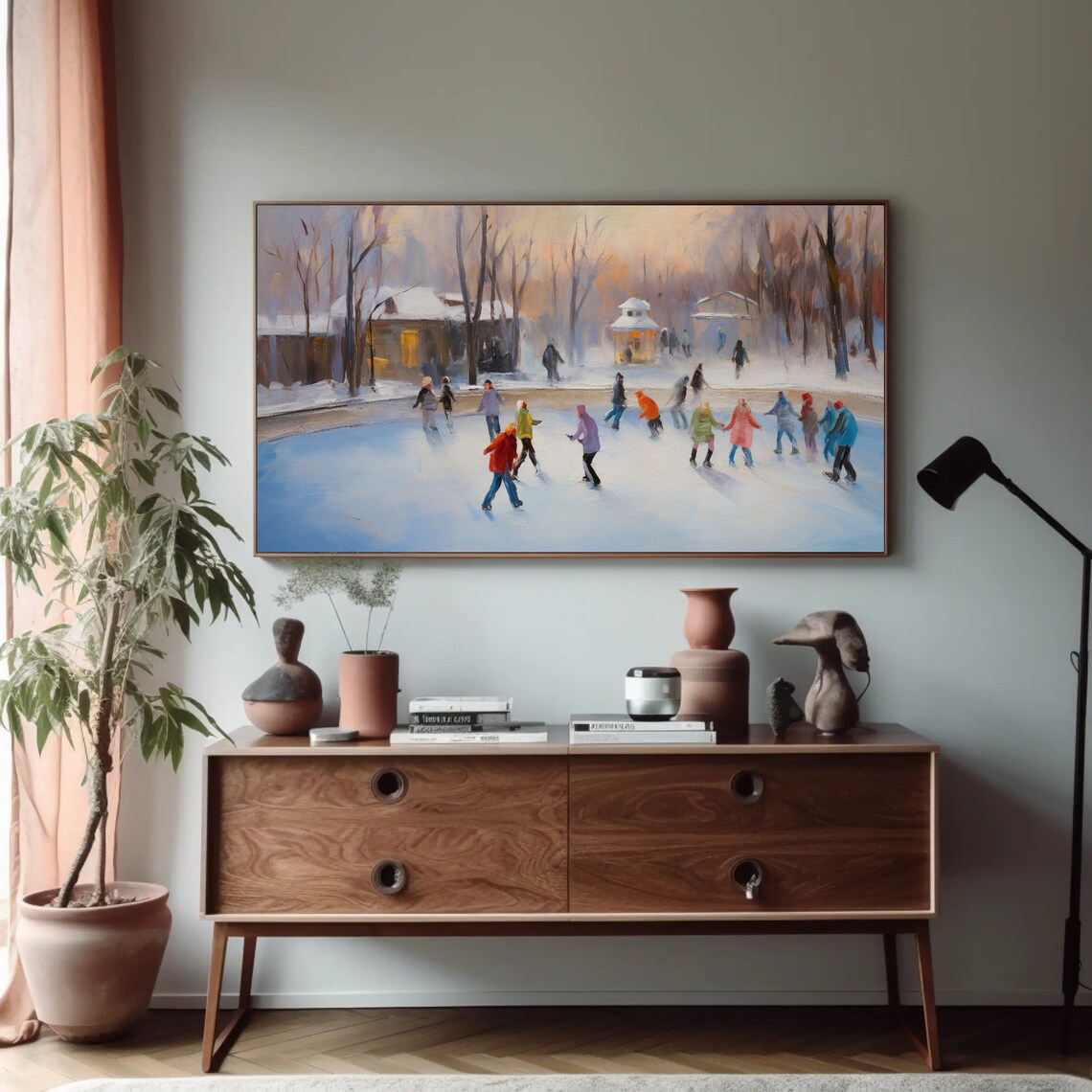 Ice Skating Oil Painting, Winter Christmas Art Print - Image 4