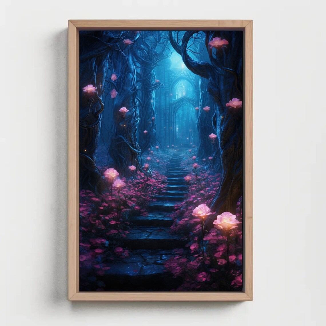 Rose Trail Stone Stairs Blue Fantasy Forest Glowing Flowers Poster - Image 4