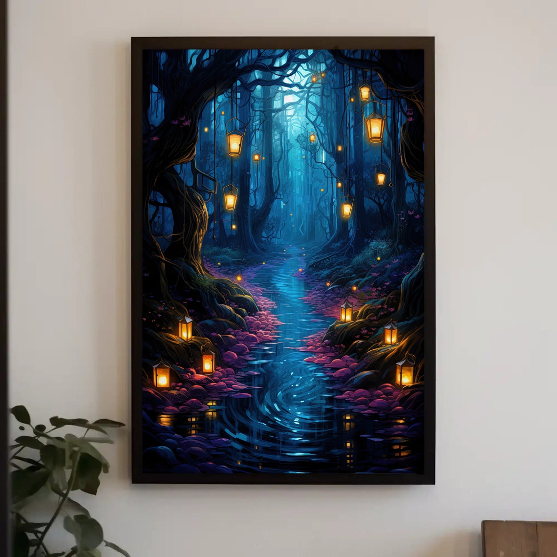 Enchanted Blue Forest with Hanging Lanterns Fantasy Stream Poster