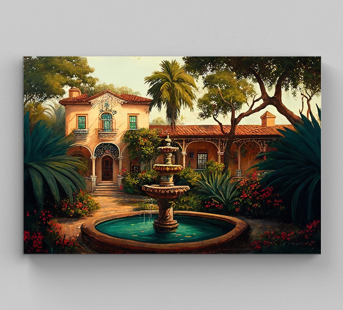 Elegant Mexican Hacienda Courtyard With Fountain And Palm Trees Poster
