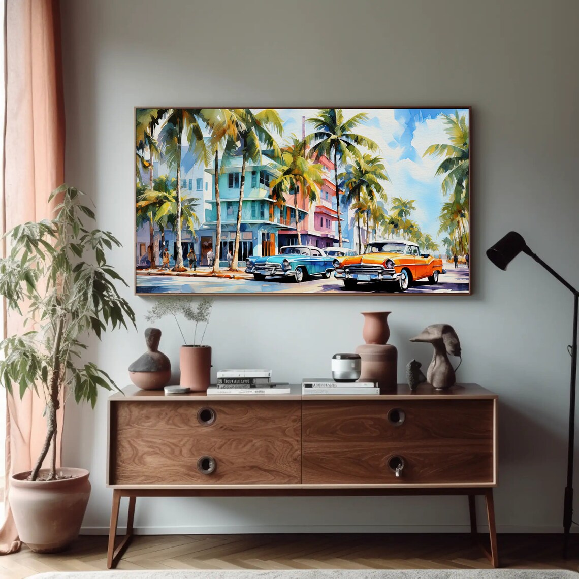 Miami Art Deco Street Watercolor With Classic Cars Scene Poster - Image 5
