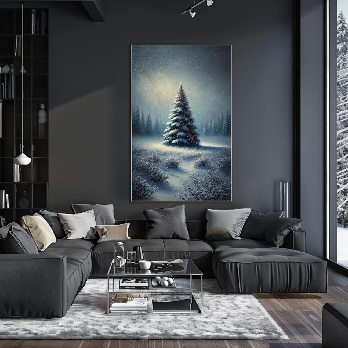 Snowy Pine Tree Glowing In A Misty Winter Night Scene Poster - Image 3