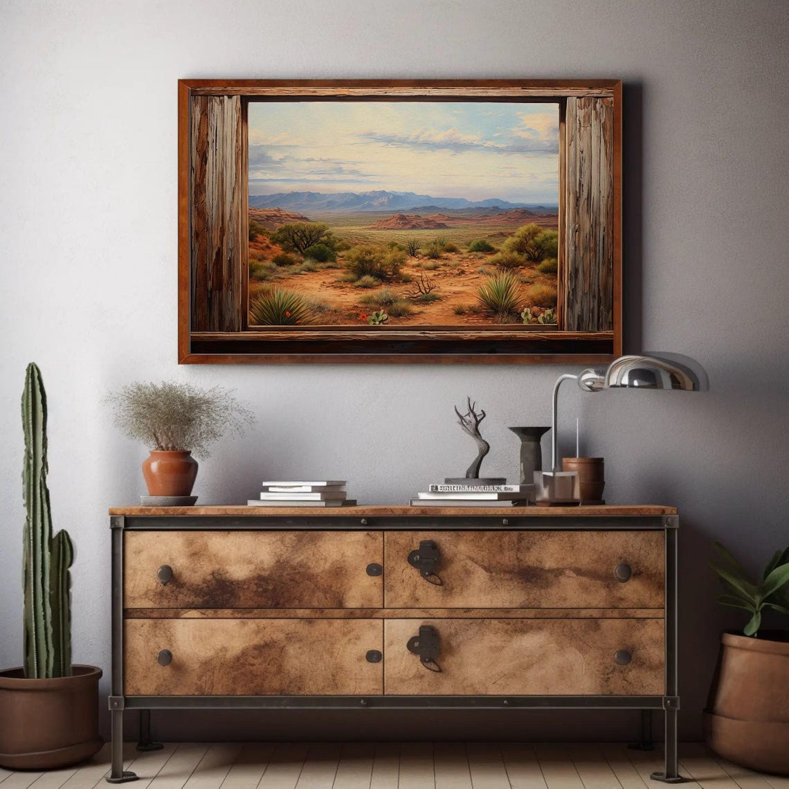 Southwest Desert Valley View Framed by Rustic Wooden Window Poster - Image 2