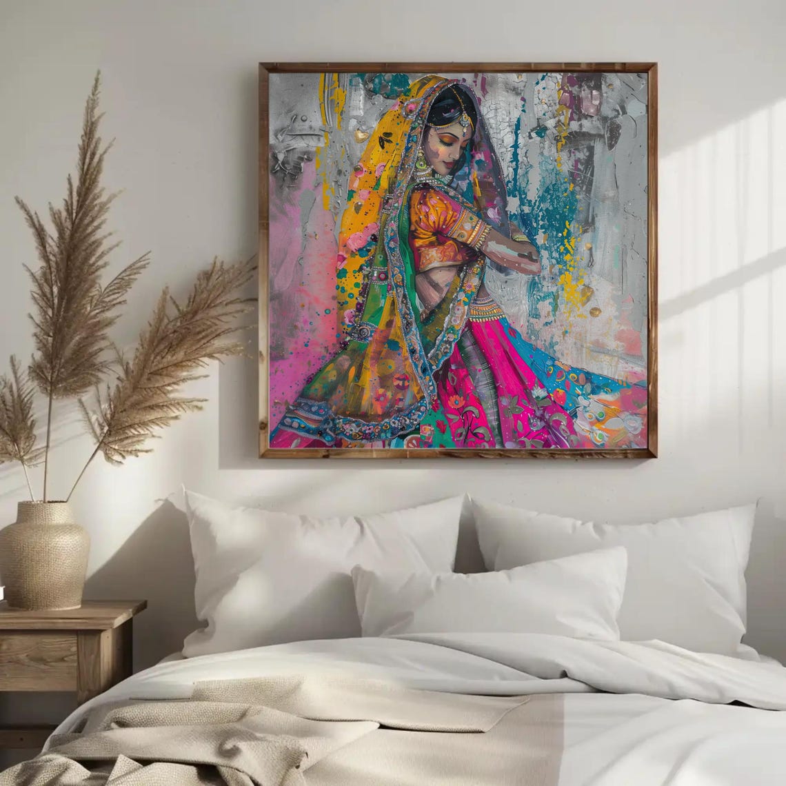 Traditional Indian Woman In Colorful Saree Abstract Square Vibrant South Asian Wall Art Indian Painting For Living Room Bedroom - Image 3