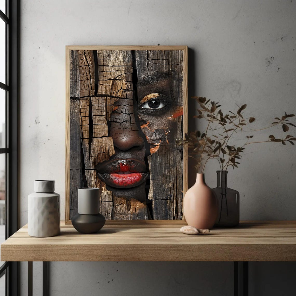 African Woman Face Emerging From Cracked Wooden Boards Poster - Image 4