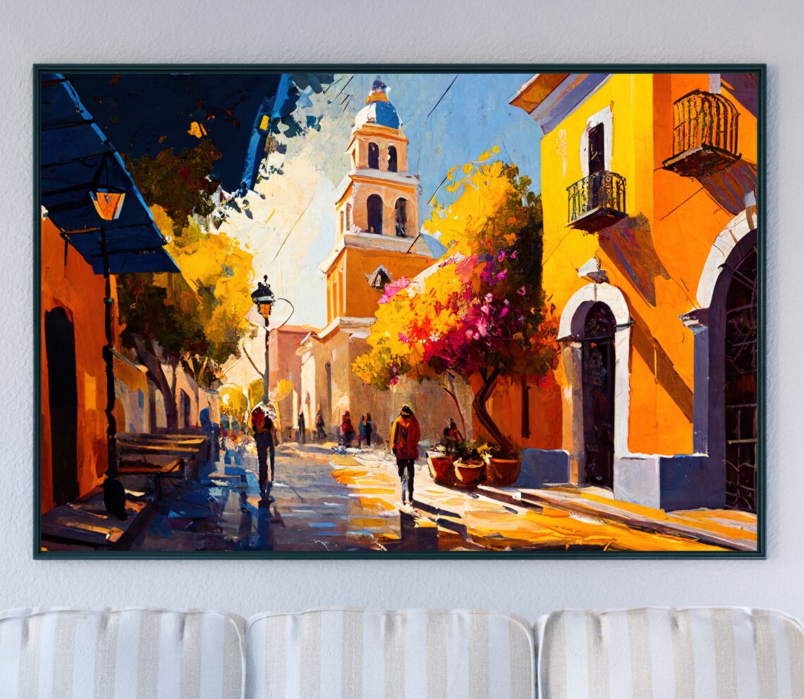 Mexican Town Plaza Church Dome Sunny Street Vibrant Art Poster - Image 2