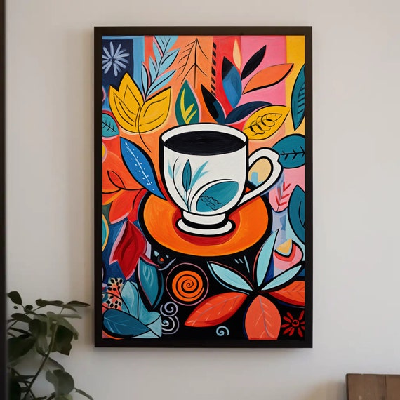 Coffee Cup Painting Modern Style Coffee Cup Wall Art Coffee Lover Print Tea Cup Large Ready To Hang