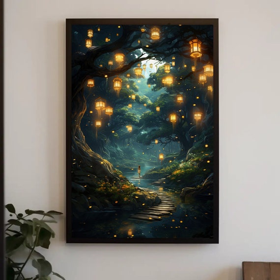 Spiritual Forest Large Wall Decor Lanterns And Trees Forest Wall Art Gloomy Magical Forest Fantasy Painting Ready To Hang