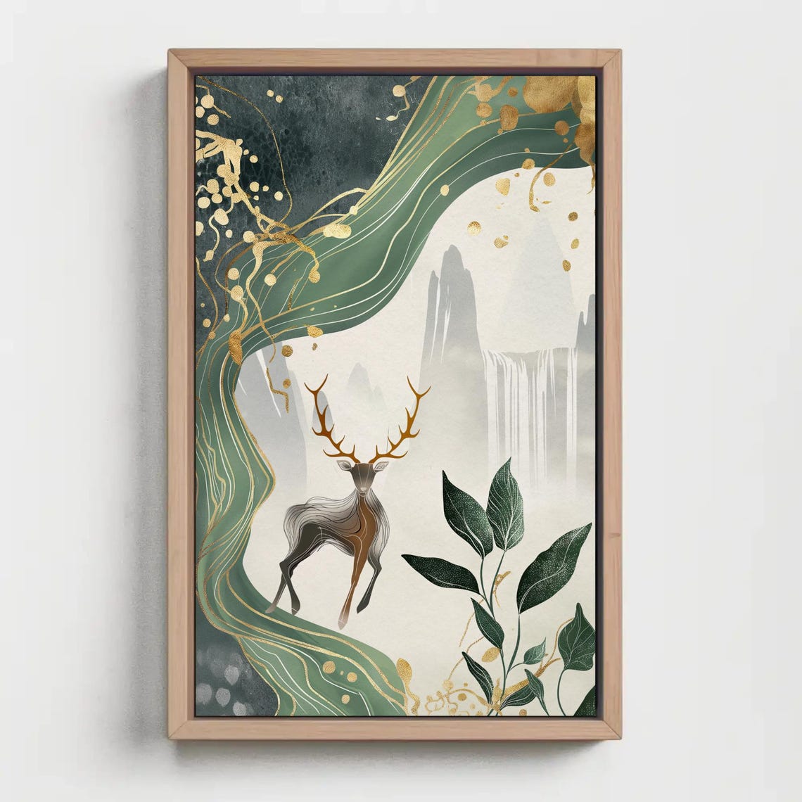 Majestic Stag By Waterfall Green And Gold Asian Style Poster - Image 2