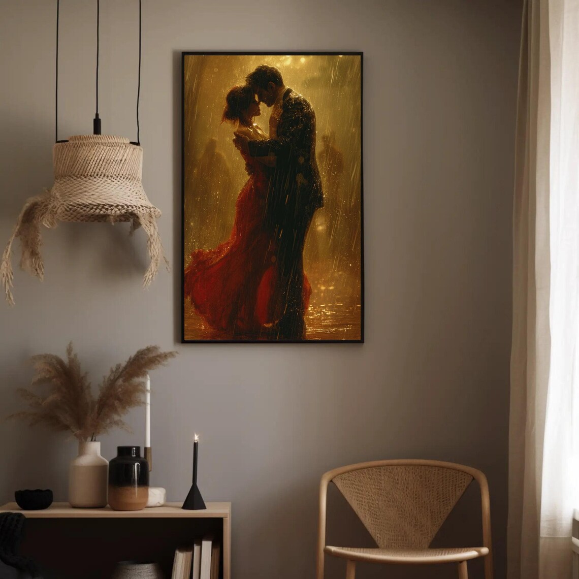 Romantic Couple Kissing In A Golden Rain Glow Painting Poster