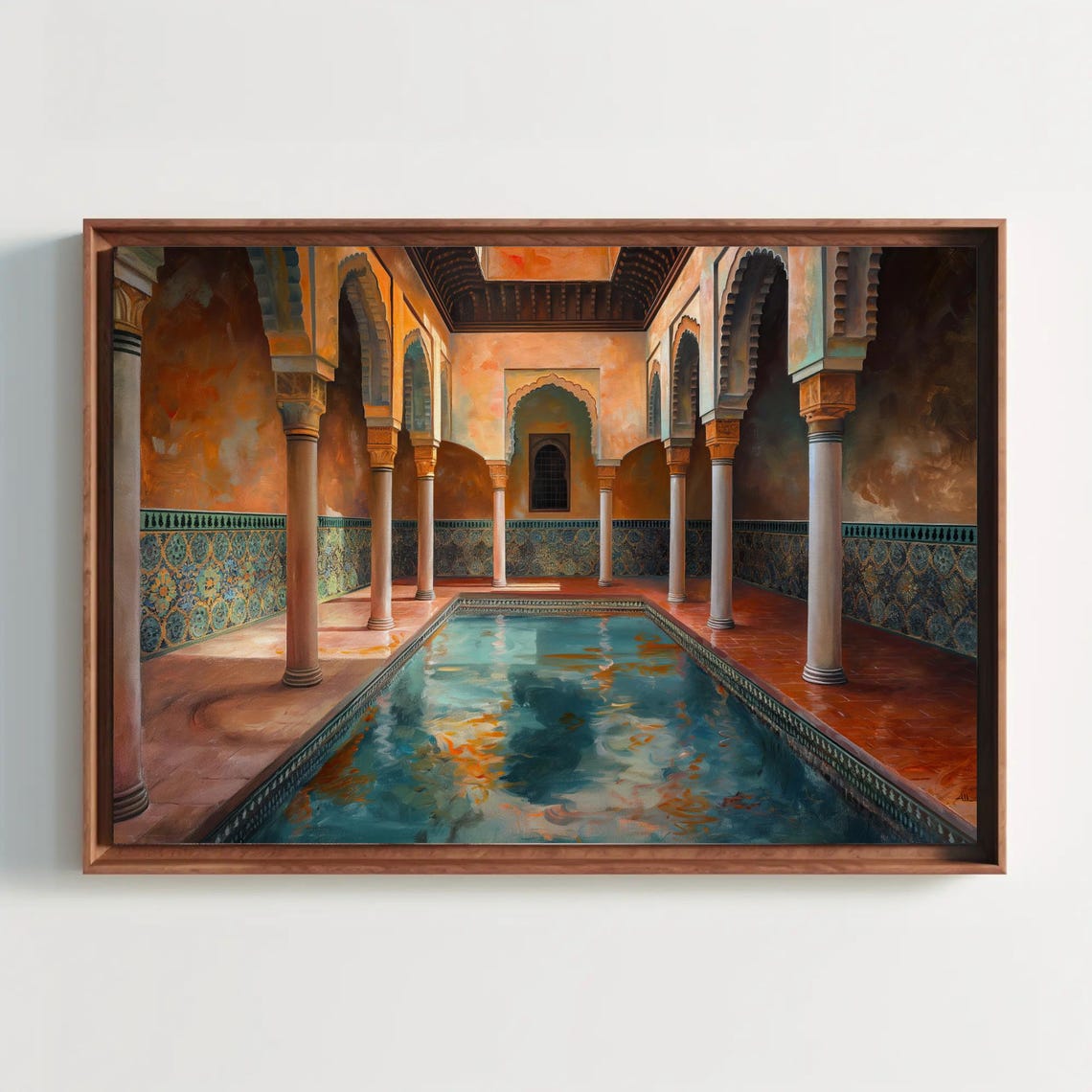 Moroccan Courtyard with Horseshoe Arches and Turquoise Pool Poster