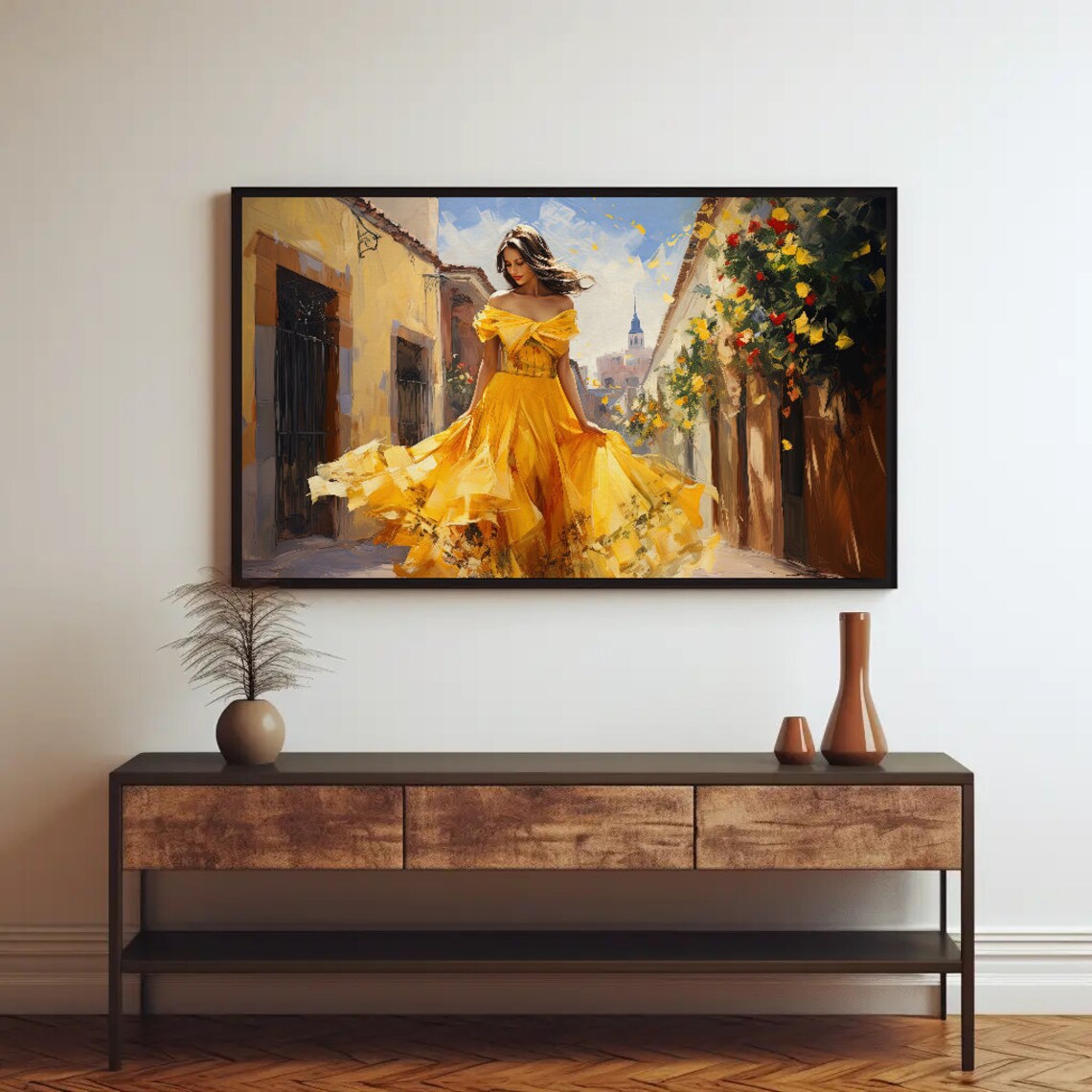 Woman in Yellow Dress on Mexican Street Flower Alley Scene Poster - Image 2