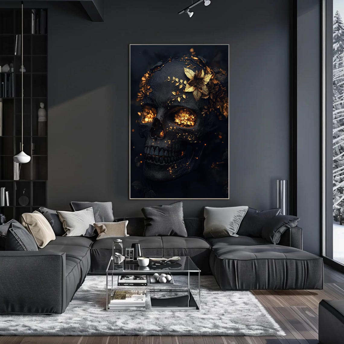 Golden Floral Crowned Skull on Black Luxury Gothic Art Poster - Image 2