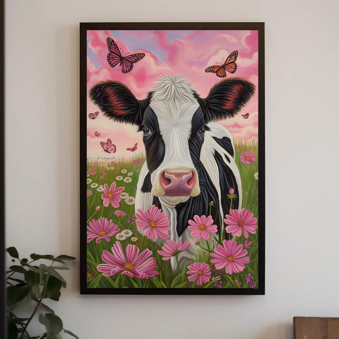Whimsical Dairy Cow Among Pink Flowers And Butterflies Poster