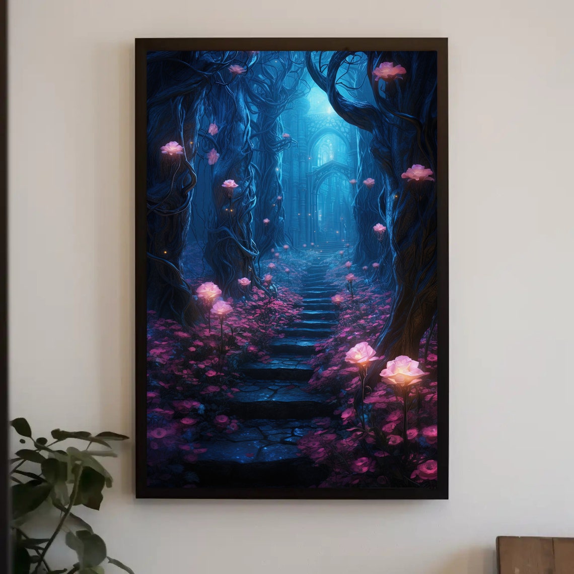 Rose Trail Stone Stairs Blue Fantasy Forest Glowing Flowers Poster