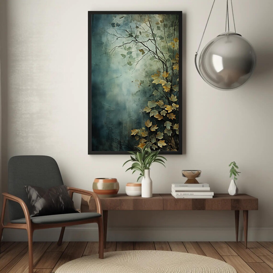 Abstract Golden Branches In Teal Fog Moody Nature Art Poster - Image 3