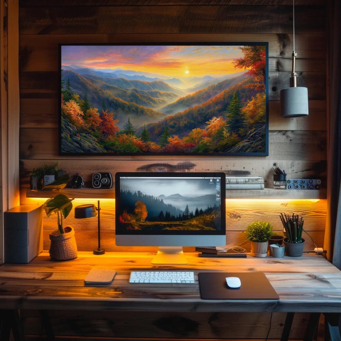 Sunset Valley Autumn Mountain Panorama Landscape Painting Poster