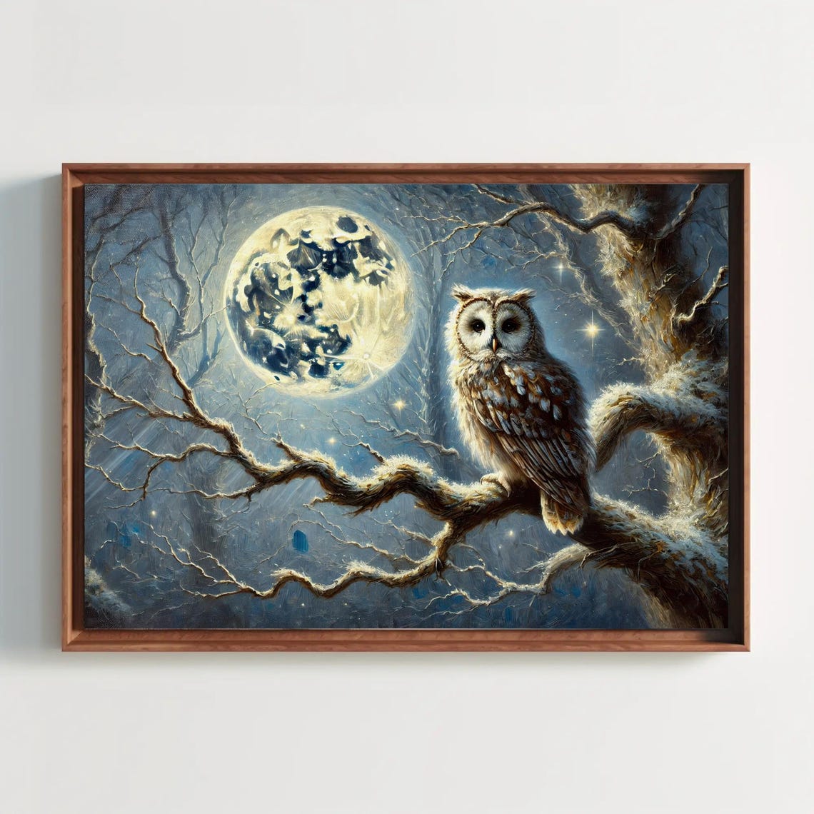 Wise Owl Perched On A Snowy Branch Beneath A Full Moon Poster