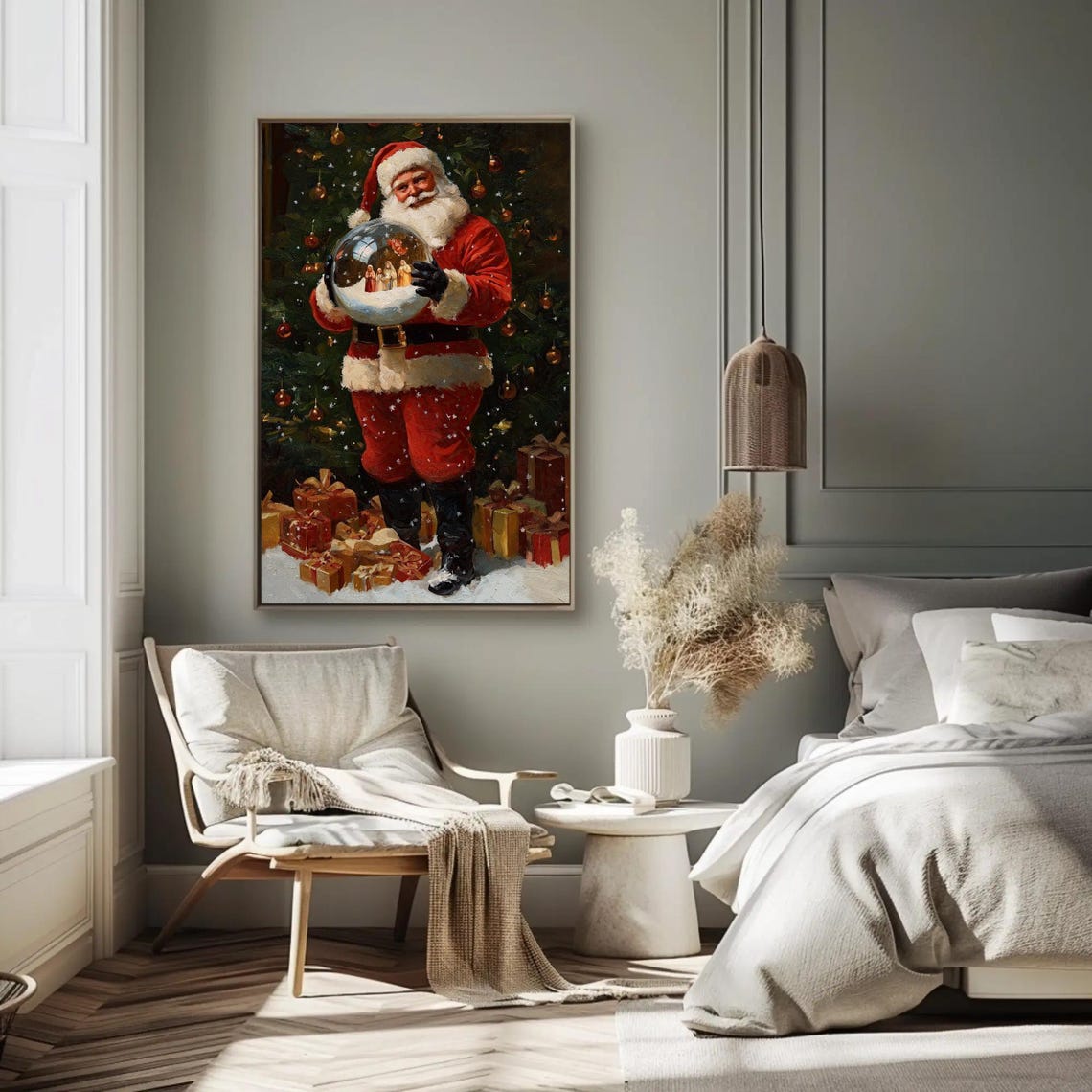 Santa Claus Holding A Snow Globe By The Christmas Tree Poster - Image 2