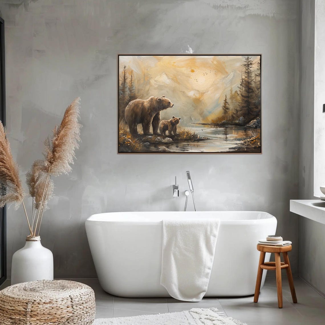 Mother Bear And Cub By A Misty Mountain River At Dawn Poster - Image 3