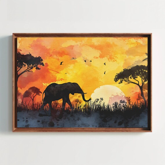 African Elephant Sunset Silhouette Savanna Watercolor Poster