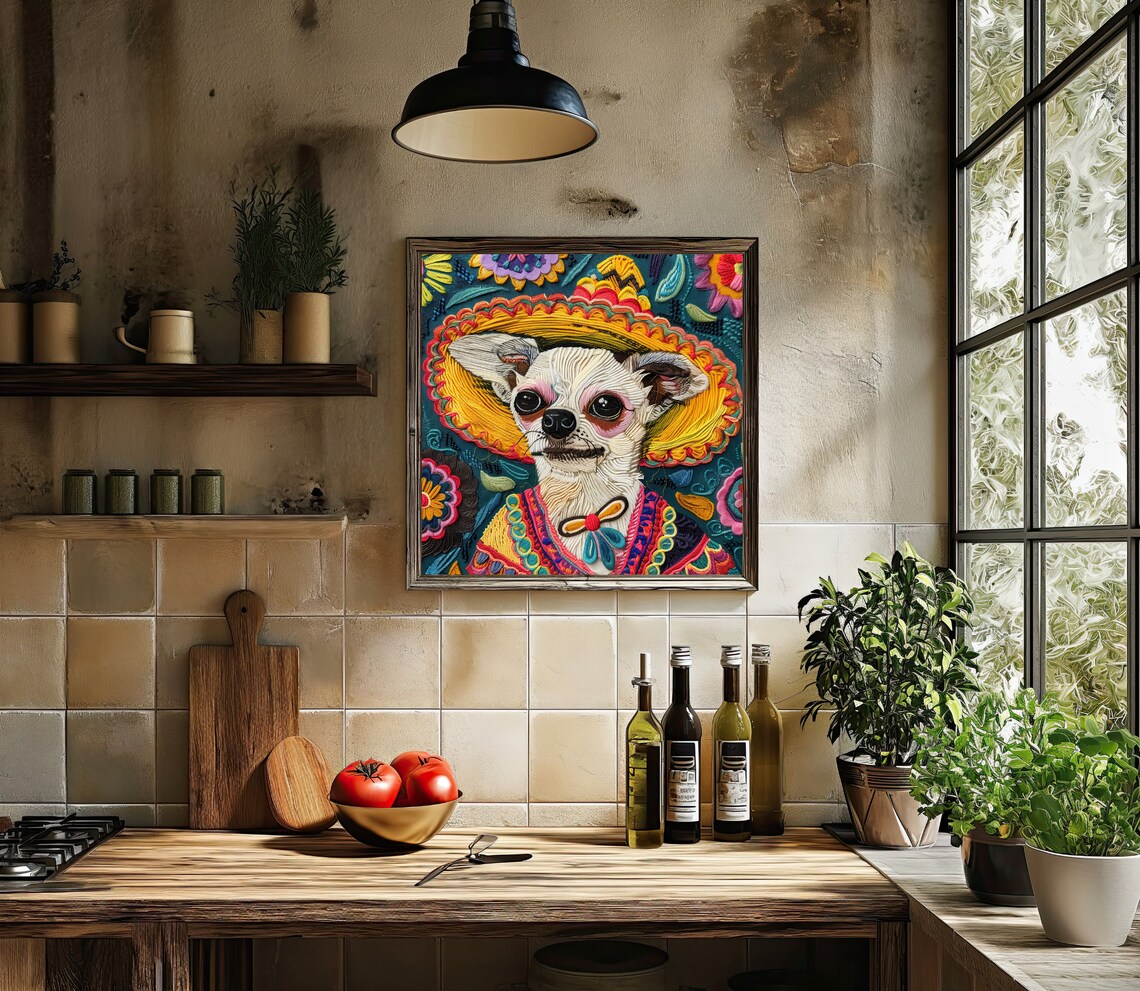 Chihuahua in Sombrero Huichol Yarn Art Poster Mexican Folk Decor - Image 4