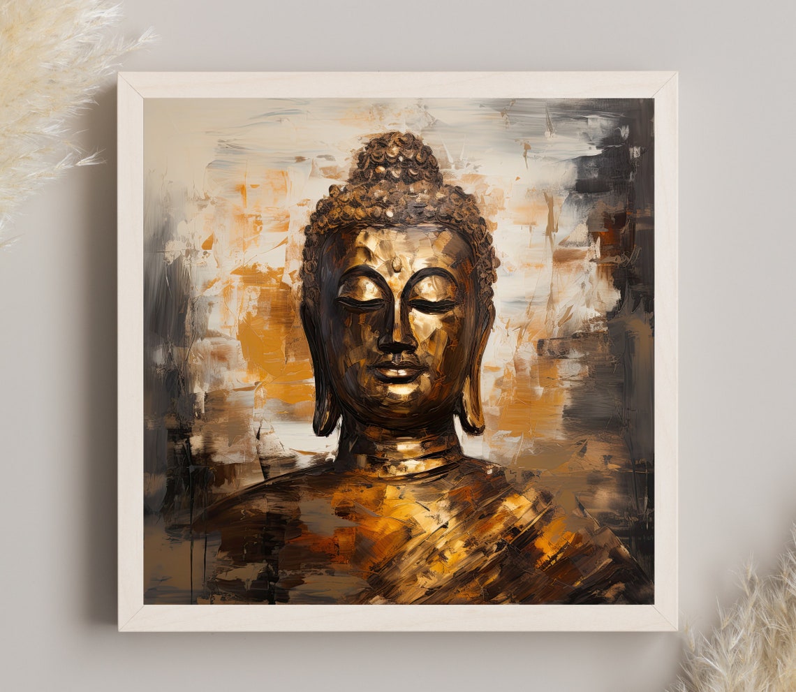 Bronze Buddha Face Close Up in Golden Calm Oil Painting Poster