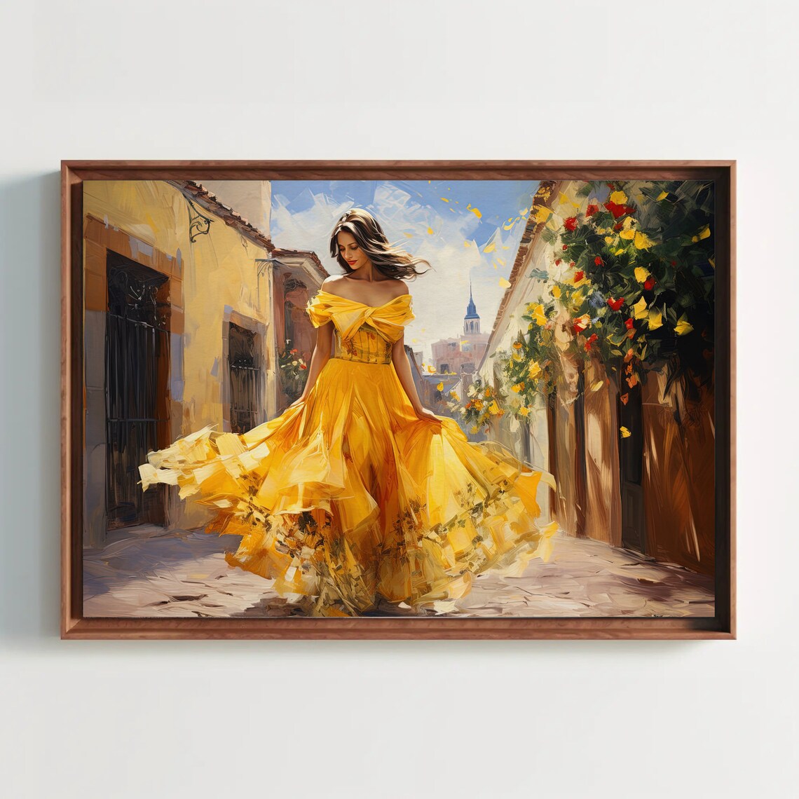 Woman in Yellow Dress on Mexican Street Flower Alley Scene Poster