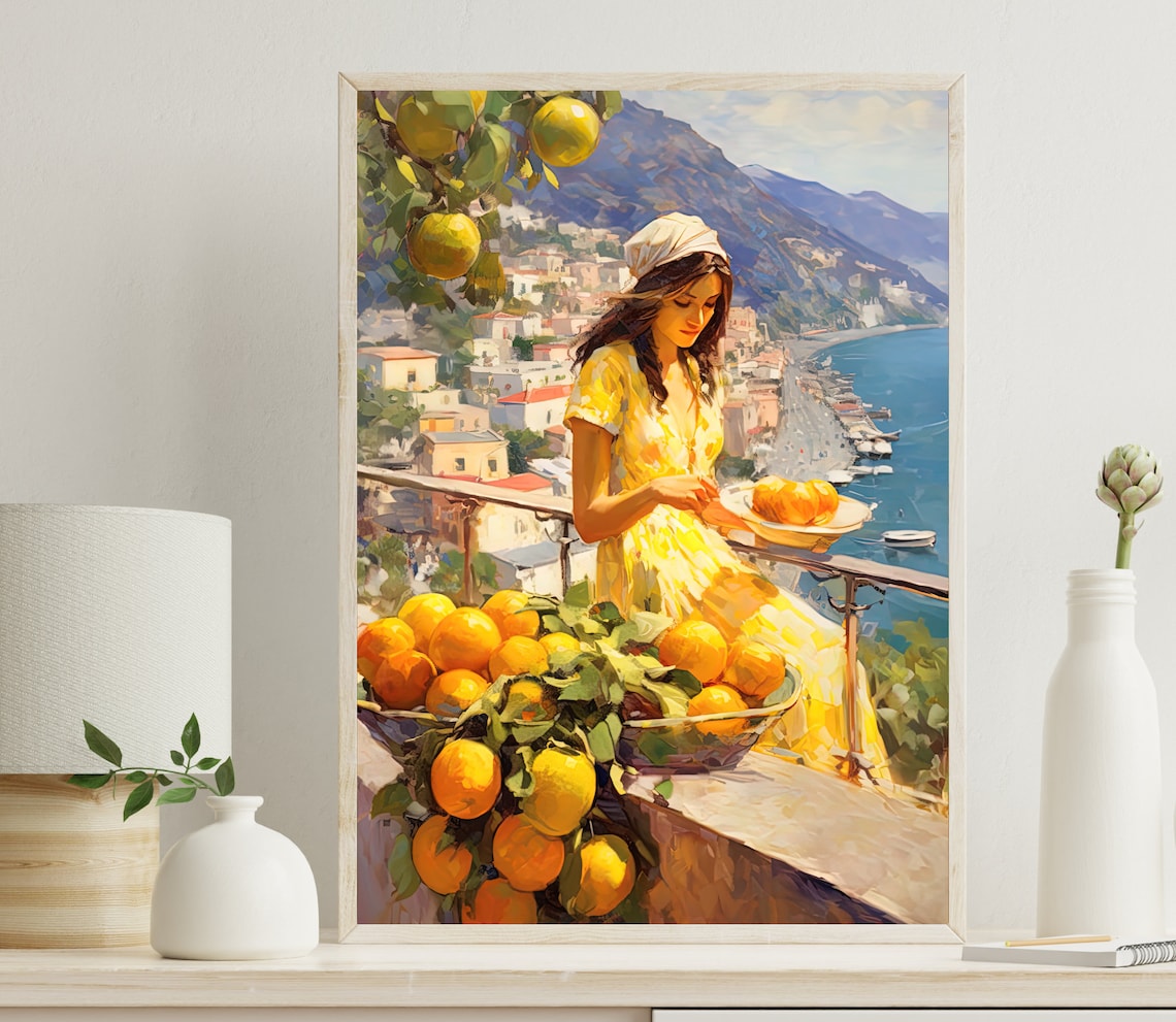 Italian Woman Picking Lemons Overlooking Amalfi Coast Poster