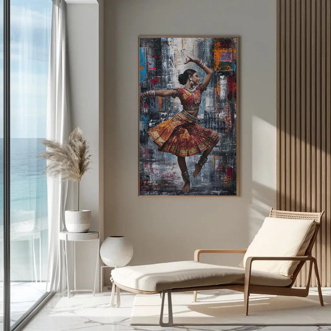 Indian Classical Dancer In Cityscape Abstract Painting Poster - Image 2