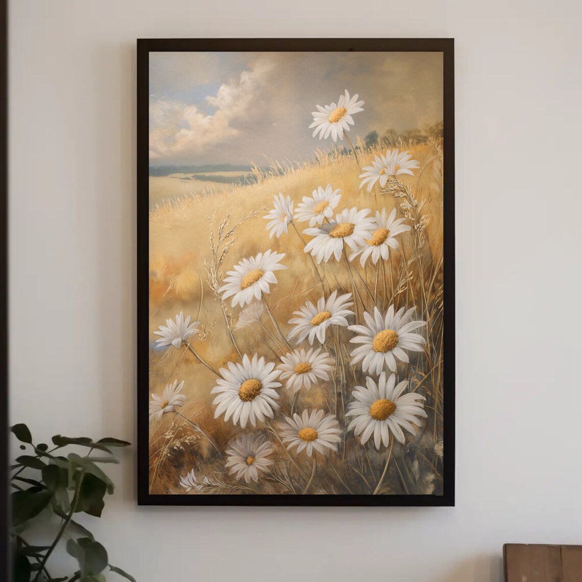 White Daisies In A Golden Wheat Field Floral Oil Painting Poster
