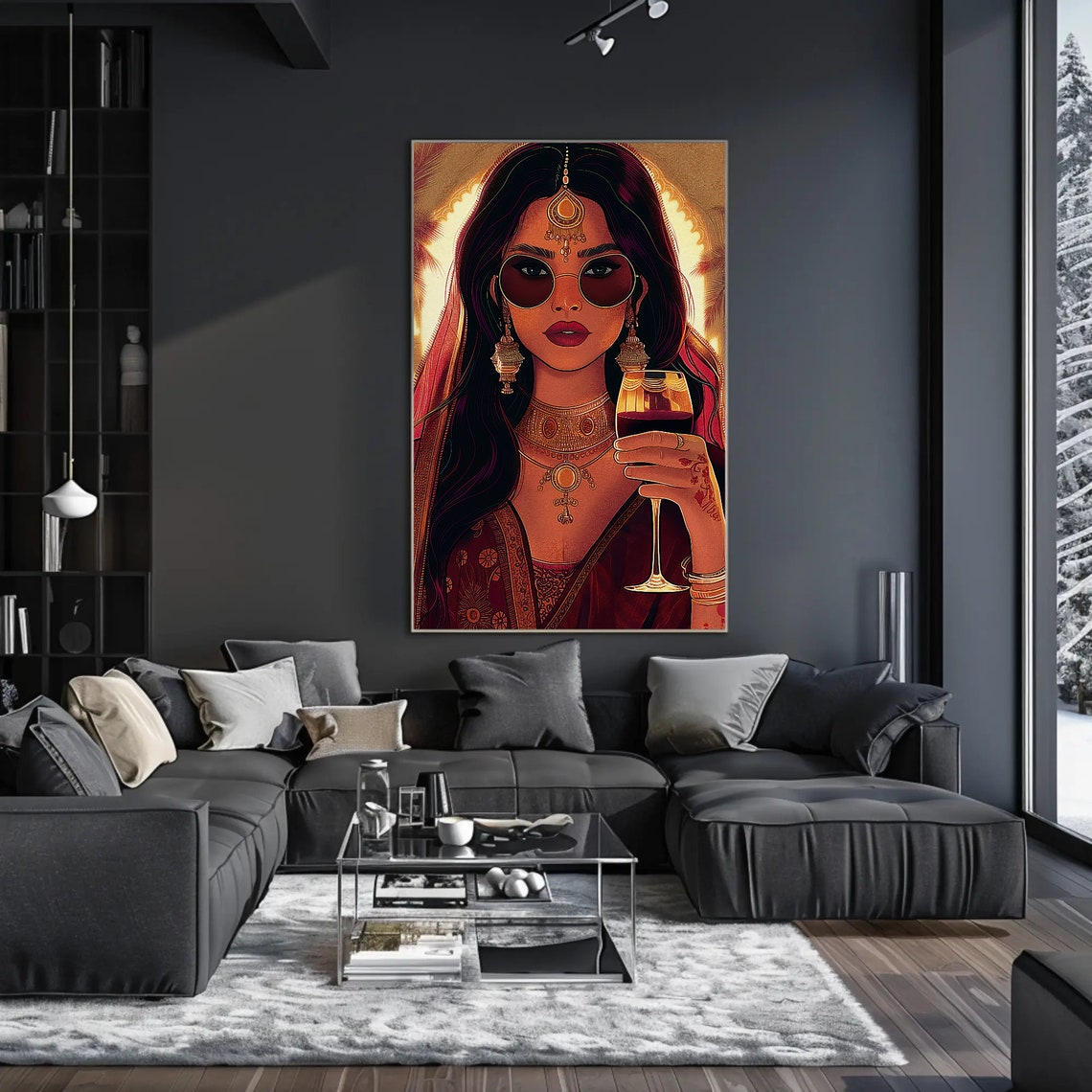 Indian Woman In Saree Holding Wine Modern Desi Illustration Poster - Image 3