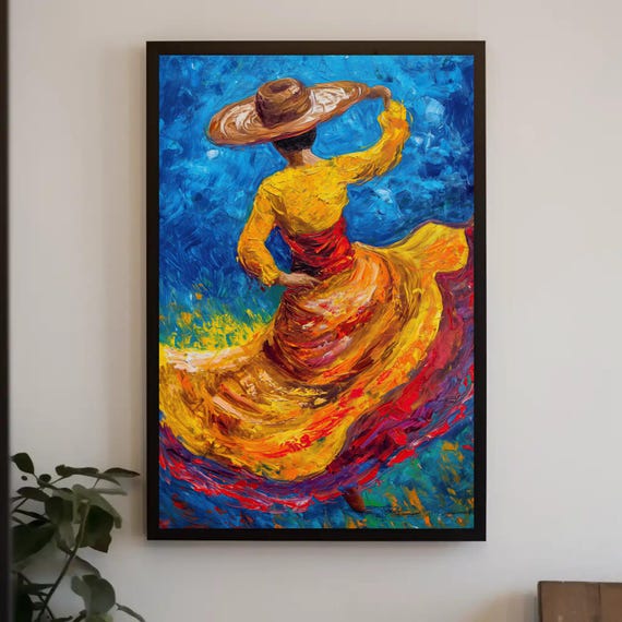 Colombian Woman Folk Dance Oil Painting Colombian Wall Art Framed Ethnic Artwork For Living Room Bedroom Studio Ready To Hang