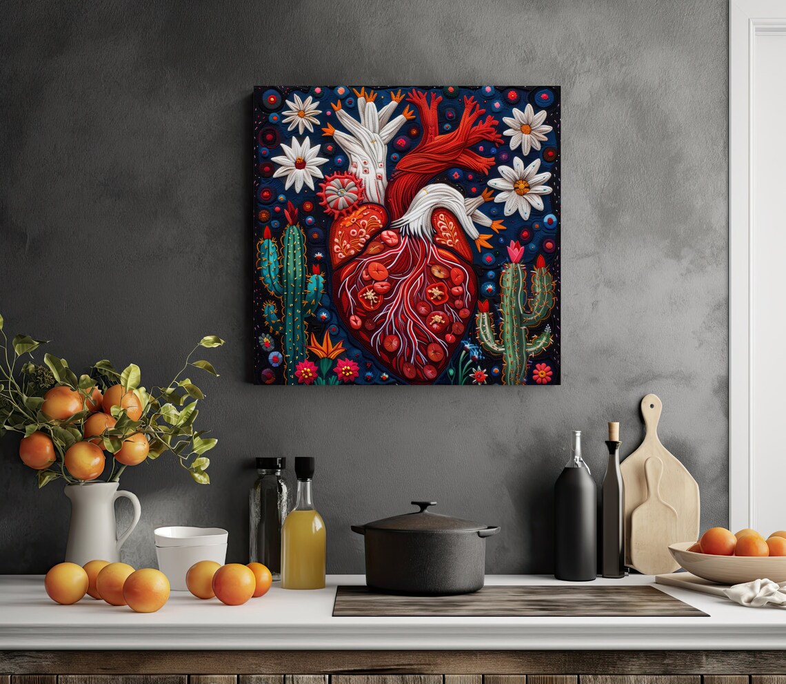 Cactus Flower Heart Huichol Art Print, Mexico - Image 3